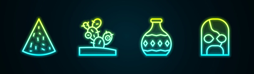 Set line Nachos, Cactus, Tequila bottle and Mexican wrestler. Glowing neon icon. Vector