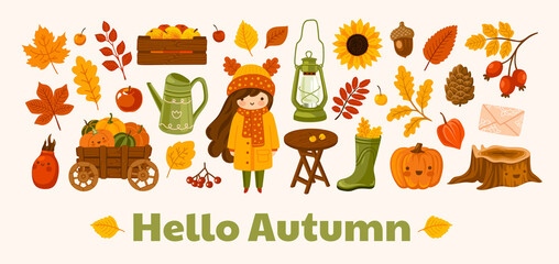 Hello autumn horizontal banner. Cozy fall garden postcard layout. Vector template with cute kawaii illustration. Harvest, apple, pumpkins, berries, foliage, sunflower, acorn and vintage kerosene lamp.