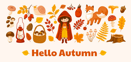 Hello autumn horizontal banner. Cozy fall forest and woodland postcard layout. Wicker basket, fern, tree stump, mushroom, fox, snail, berry and foliage. Vector template with cute kawaii illustration.