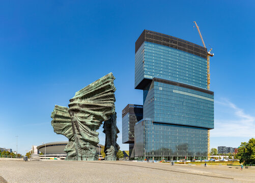 Katowice, Poland - September 11, 2021: A picture of the Silesian Insurgents' Monument and the .KTW building complex.
