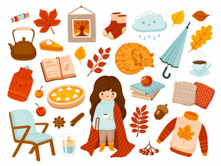 Set of kawaii autumn and winter cartoon stickers. Umbrella, cozy sweater, pumpkin pie, teapot, red cat, books, coffee, cute little girl with coffee cup and cat. Vector hand-drawn flat illustrations.