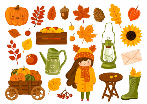 Set of kawaii autumn cartoon stickers. Fall garden collection. Pumpkins cart, apples crate, foliage, sunflower, kerosene lamp, physalis dry flower, cute girl. Vector hand-drawn flat illustrations.