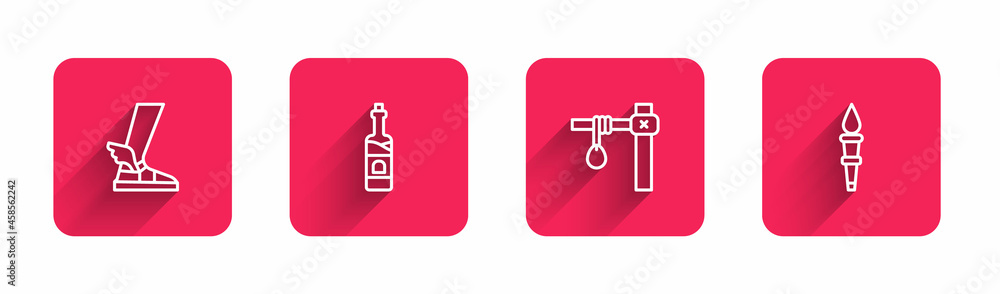 Poster set line hermes sandal, bottle of wine, gallows and torch flame with long shadow. red square button.