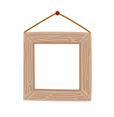 Wall picture wooden frame. Empty signboard hanging on rope. Square template. Cartoon simple hand-drawn vector illustration.