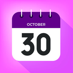 October day 30. Number thirty on a white paper with purple color border on a pink background vector.