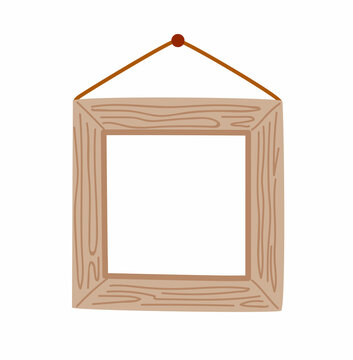 Wall picture wooden frame. Empty signboard hanging on rope. Square template. Cartoon simple hand-drawn vector illustration.