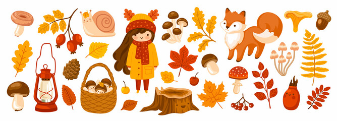 Set of fall forest elements: falling leaves, basket with mushrooms, cute fox, snail, acorn. Autumn season collection for greeting card, stickers, prints, wrapping paper. Vector cartoon illustration.
