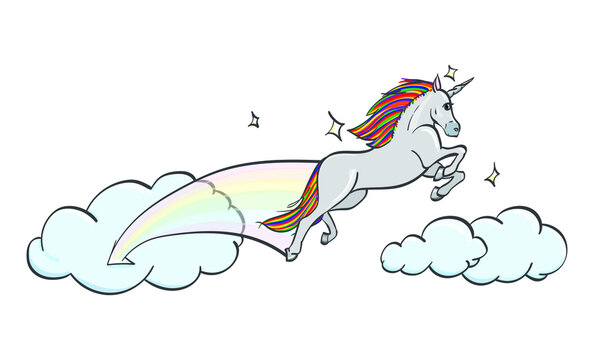 Unicorn leaping through the sky with a rainbow