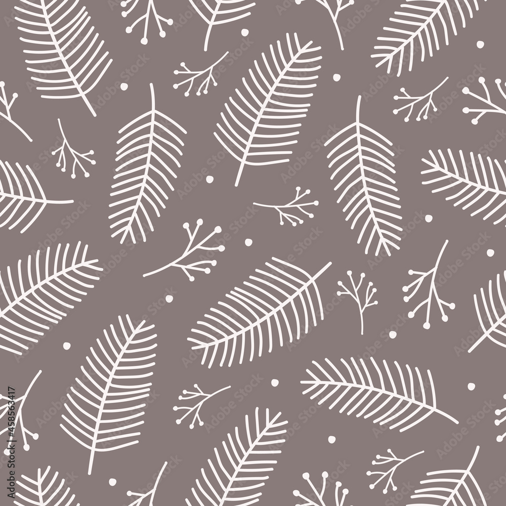 Poster vector seamless pattern with white pine branches on brown background. modern minimal illustration.