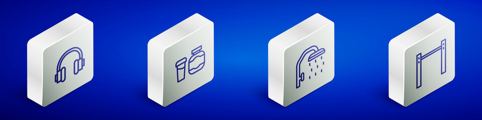 Set Isometric line Headphones, Sports nutrition, Shower head and Horizontal bar icon. Vector
