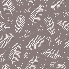 Vector seamless pattern with white pine branches on brown background. Modern minimal illustration.	