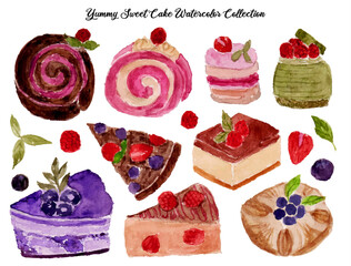 set of  beautiful hand drawn cakes and sweets watercolor