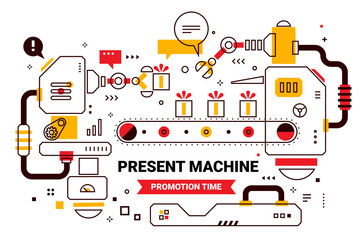Vector Color Illustration of Complex Mechanism of Production Gift Box with Conveyor Belt and Robot Arm. Line Art Style Design of Present Machine