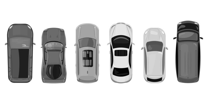Cars top view isolated on white background. City vehicle transport icons collection. Urban traffic, automobile transportation. Transport service. Top view monochrome cars. Stock vector illustration