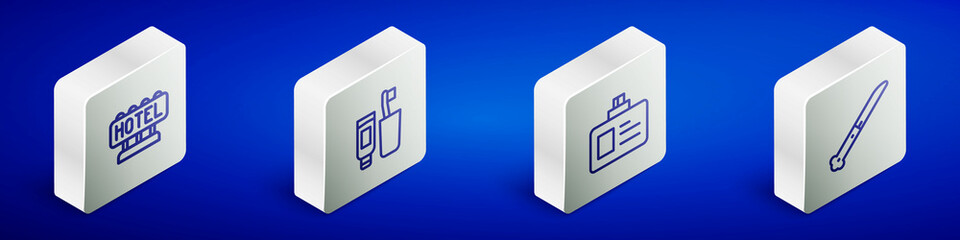 Set Isometric line Signboard with text Hotel, Toothbrush and toothpaste, Identification badge and Knife icon. Vector