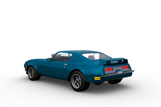 Rear perspective 3D rendering of a blue and white 1970s vintage American muscle car isolated on a white background.