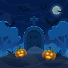 Cartoon stone grave on hill at night. Halloween graveyard with pumpkin lanterns. Full moon sky with flying bats illustration
