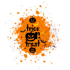 Trick or treat with bats pumpkin on ink splat in orange and black color