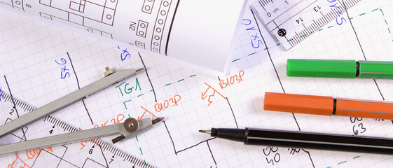 Rolls of electrical diagrams, construction drawings and accessories for drawing