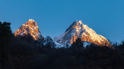 View of Mount Ushba. located in the Svaneti region of Georgia. Travel.