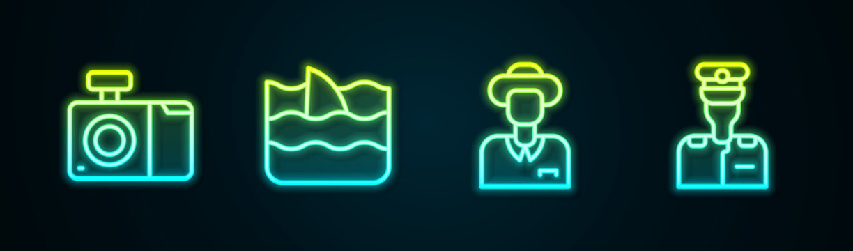 Set line Photo camera, Shark fin in ocean wave, Tourist and Captain of ship. Glowing neon icon. Vector