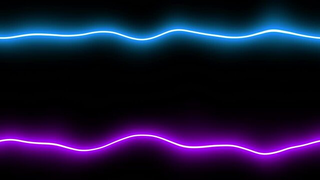 Blue and purple bright flowing neon lines with the effect of electric flashes on the black background, loopable stock video