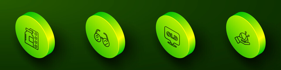 Set Isometric line Pills in blister pack, Eyeglasses, Nursing home and Yarn ball with knitting needles icon. Vector