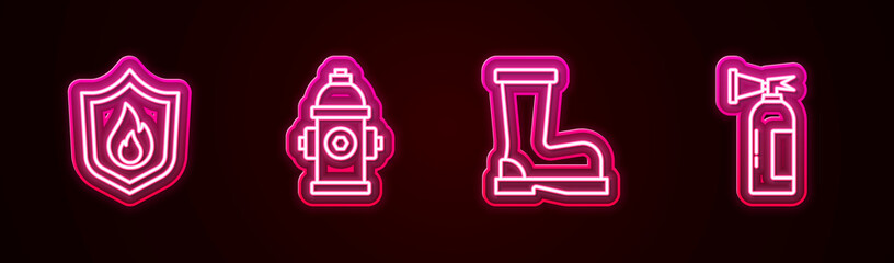 Set line Fire protection shield, hydrant, boots and extinguisher. Glowing neon icon. Vector