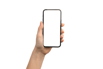 Hand holding mobile phone with blank white screen, mockup photo