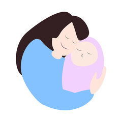 Mom hugs the baby. Happy motherhood! Mom with baby. Warm hugs and love.