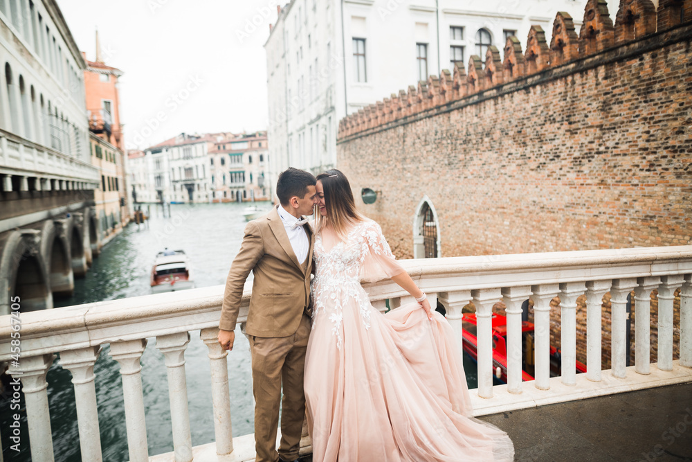 Wall mural Wedding couple on the nature is hugging each other. Beautiful model girl in white dress. Man in suit