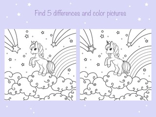 Find the same pictures and color - children educational game. Coloring book page with cute little unicorn. Vector illustration