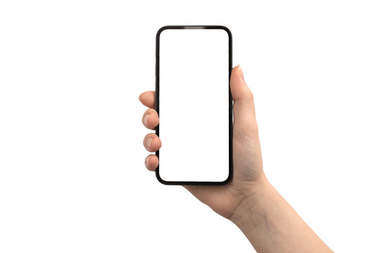 Phone in hand with white screen, isolated on a white background photo