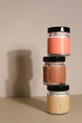 Amber glass dispenser bottle, sprayer and moisturizer cream jar. Natural cosmetic products packaging design template, branding