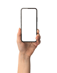 Mobile phone mockup screen in female hand isolated on a white background photo