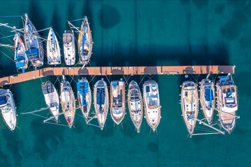 Aerial view to Porec marina with many boats. Istria, Croatia.