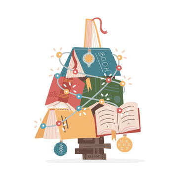 Christmas tree made of colorful books and xmas balls and garland. Cute bright design of books. Home library or bookstore decoration. Flat vector illustration.
