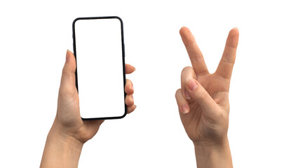 Mobile phone mockup screen with hand gesture isolated on a white background
