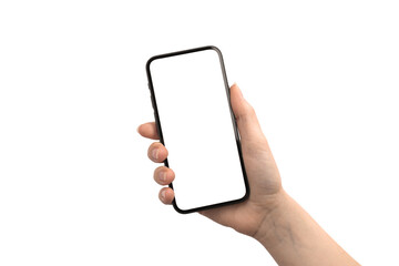 Hand with mobile phone mockup screen isolated on a white background