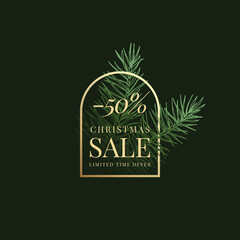 Christmas Season Sale Vector Label, Sign or Card Template. Hand Drawn Spruce Branches Fading into Dark with Golden Arch Framed Typography. Holiday Promo or Advertising Banner Background