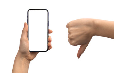Mobile phone mockup screen and dislike gesture isolated on a white background photo