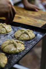 Mexican bakery. preparation of bread of the dead. puff pastry. process. Mexican bread. traditional bread. sesame. Puebla bakery