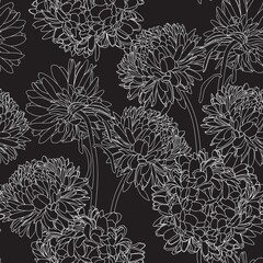Seamless repeating pattern with hand drawn chrysanthemum aster flowers in black white line. Decorative print for wallpaper, wrapping, textile, fabric, greetings.