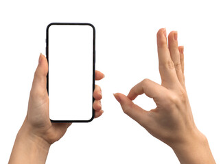Mockup mobile phone and gesture ok isolated on a white background, concept of customer reviews and ratings, isolated on a white background photo