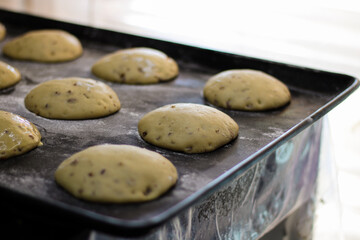 Mexican bakery. preparation of bread of the dead. puff pastry. process. Mexican bread. traditional bread. sesame. Puebla bakery
