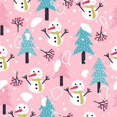 Christmas seamless pattern with Christmas tree, snowman, snow, berries on pink background. Hand drawn christmas vector.