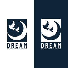 Crescent Moon with Flying Dove for Production House Logo Design Template. Suitable for Movie Film Motion Video Production Cinematography Studio Cinema Theater Industry Label in Vintage Retro Hipster.