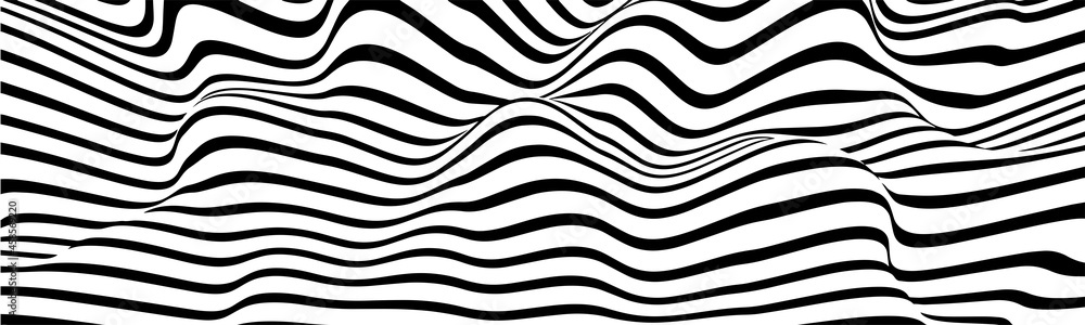 Poster optical illusion curve wave. abstract vector background with black and white lines. pattern distorte