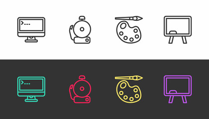 Set line Computer monitor, Ringing alarm bell, Paint brush with palette and Chalkboard on black and white. Vector