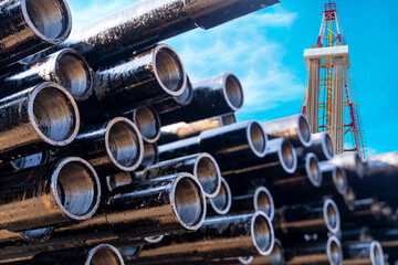 In the foreground pipes for drilling oil and gas wells. In the background, a blurred image of the rig out of focus. Blue sky with clouds.
